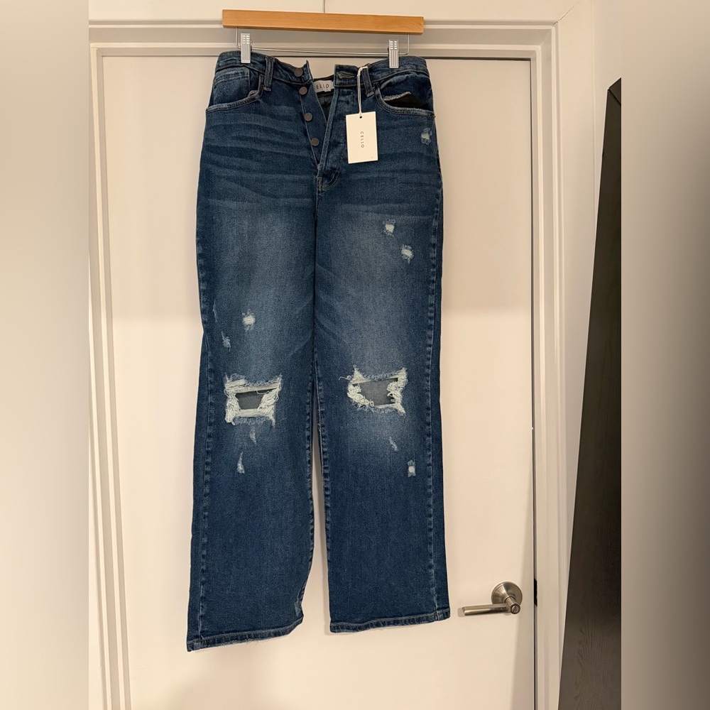 Cello Super High Rise Women's Distressed Dad Jeans, Dark Blue.